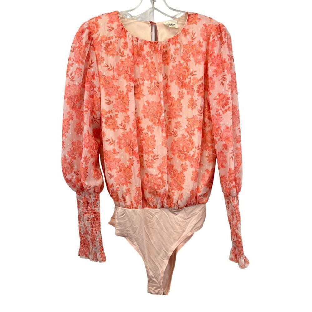 Peach Love Floral Bodysuit Long Smocked Bishop Sleeve Pink Size Small